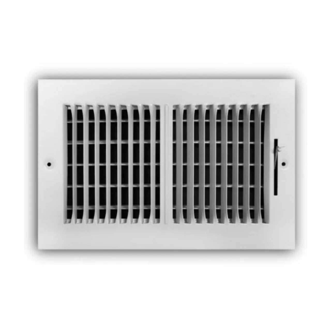 The Go Build 10 in. x 6 in. 2-Way Steel Wall/Ceiling Register features a white finish with horizontal and vertical slats, perfect for wall or ceiling installation.